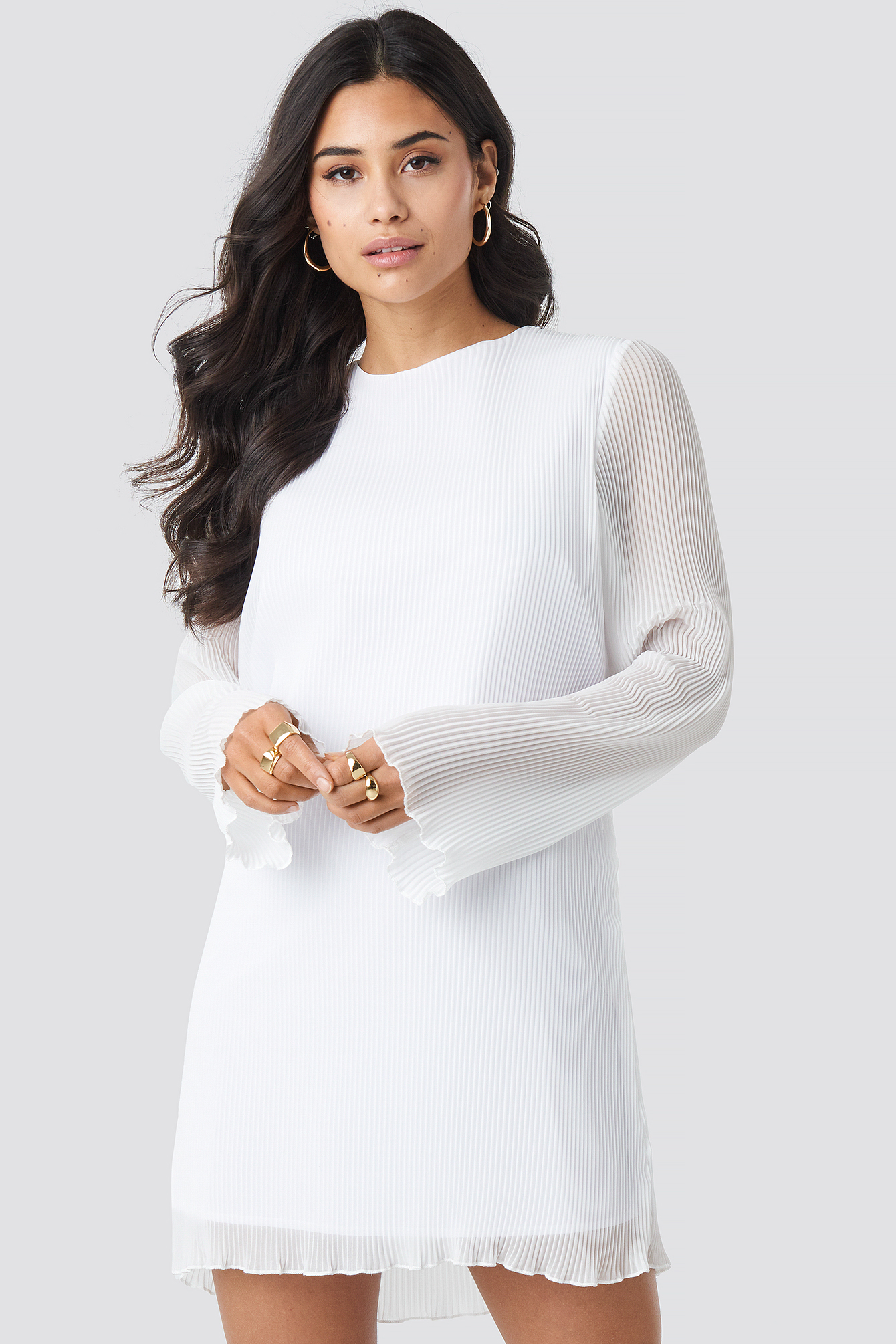 Pleated LS Mini Dress White | na-kd.com